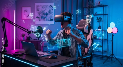 Ecstatic Gamer Immersed in VR with Neon Accents and Holographic UI Elements