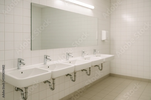 Wallpaper Mural Modern Clean Public Restroom with White Ceramic Sinks and Large Mirror in a Well-Lit Minimalist Interior Design Torontodigital.ca