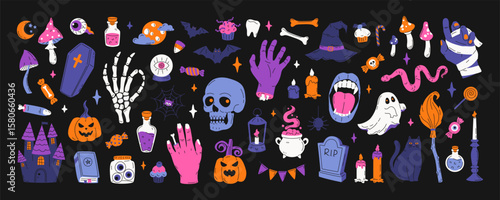 Colorful set of Halloween elements. Cartoon pumpkin, skull, coffin, grave, bat, bone, skeleton and etc. Hand drawn flat illustration. Trendy vintage items for card, scrapbooking, stickers, print