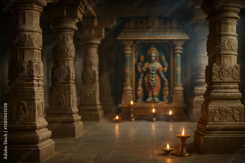 Fototapeta premium Sacred Temple Interior with Ancient Stone Pillars and Lit Oil Lamps Creating a Mystical Ambiance