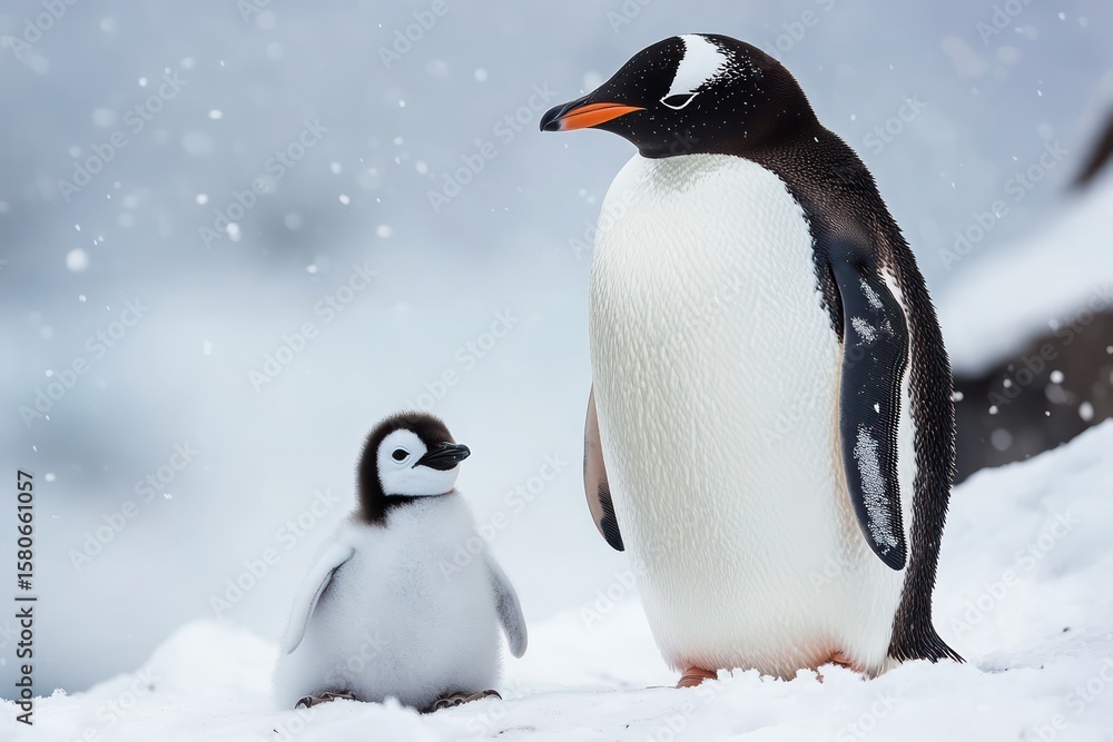 Obraz premium Penguin Parent Protecting Chick in Winter Snow