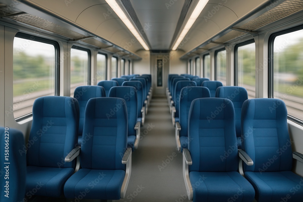 Fototapeta premium Modern Sleek Train Interior With Rows Of Blue Seats And Large Windows For Comfortable Travel