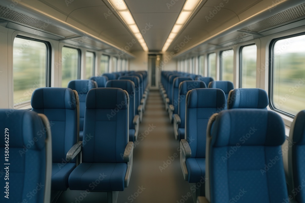 Fototapeta premium Modern Train Interior With Blue Seats and Large Windows in Motion