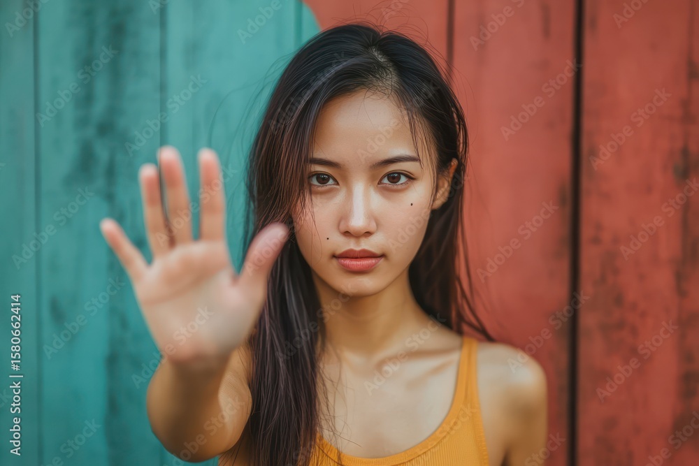 Fototapeta premium Asian Woman Signaling Stop with Open Hand