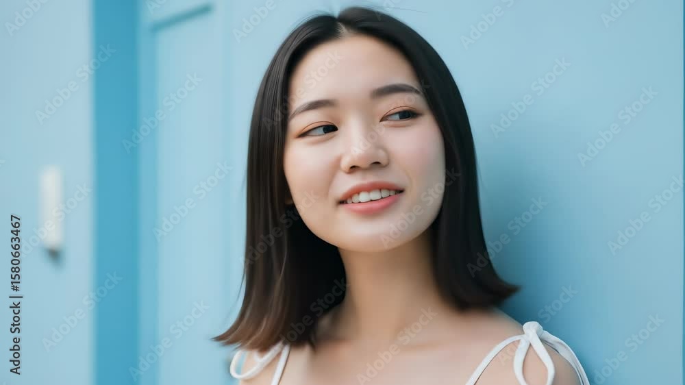 Smiling young East Asian woman radiating happy joy outdoors as she casually poses for a portrait against a vibrant blue wall. Smiling young East Asian woman radiating happy joy outdoors as she casually poses for a portrait against a vibrant blue wall.