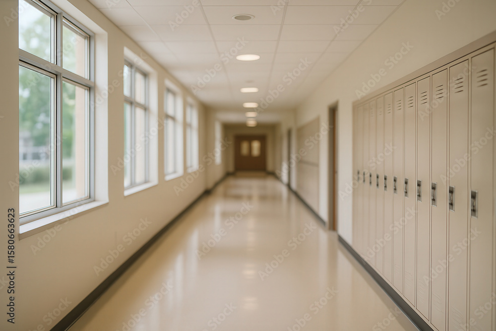 Obraz premium Sunlit School Hallway with Lockers and Large Windows Leading to Exit Under Bright Ceiling Lights