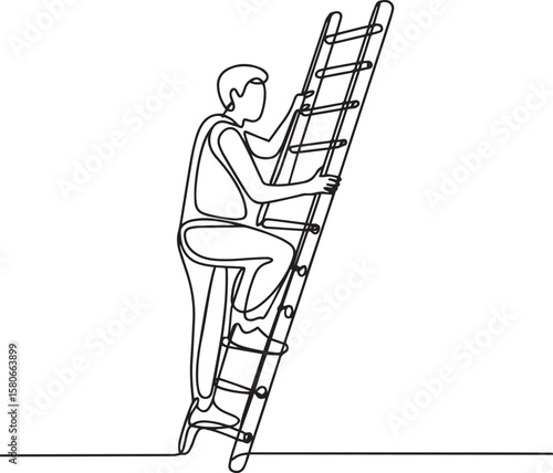 Man climbing ladder in continuous one line drawing, minimalist outline vector illustration

