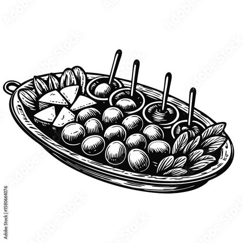 Antipasto platter featuring olives, salami, and cheese displayed on an elegant serving dish. Enjoy an antipasto platter with salami slices, ripe olives, and sharp cheese, perfect for sharing,