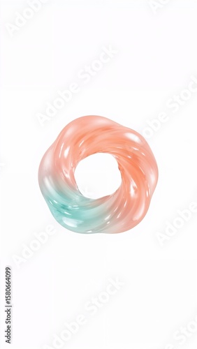 Gradient aqua peach gel swirl fluid 3D abstract trendy ring shape on plain white background