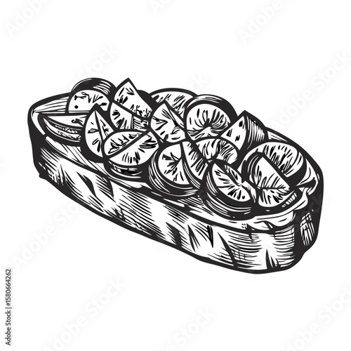 Bruschetta with tomatoes and garlic, traditional appetizer, on toasted bread. Bruschetta with tomatoes and garlic is an Italian antipasto, a flavorful snack featuring fresh ingredients.