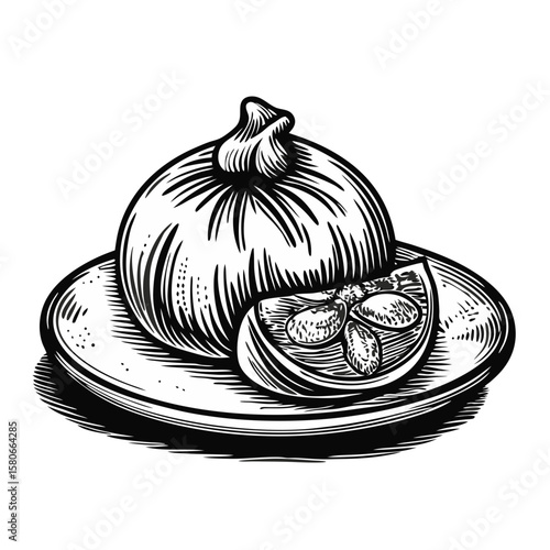 Burrata-on-a-plate presents delicious cheese with tomato slice on a small plate. Enjoy burrata-on-a-plate, fresh mozzarella cheese made from cow's milk and cream, served as an Italian appetizer,