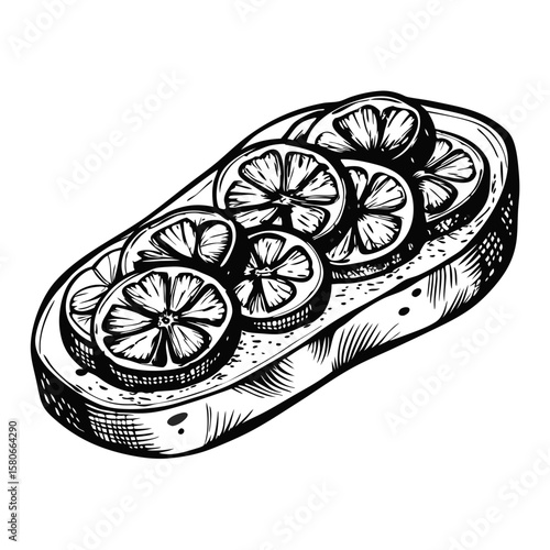 Bruschetta with tomatoes and garlic depicted in detailed sketch style. This appetizing bruschetta with tomatoes and garlic illustration offers a culinary concept for restaurant menu design,