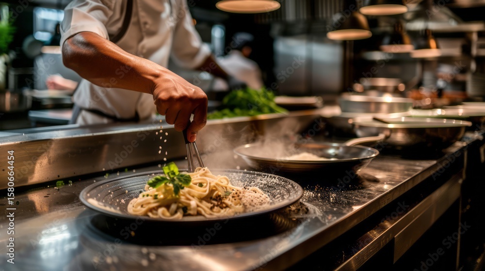 Preparing Gourmet Pasta Dish in Restaurant Kitchen: Chef Adding Final Touches with Professionalism and Culinary Expertise in Motion Preparing Gourmet Pasta Dish in Restaurant Kitchen: Chef Adding Final Touches with Professionalism and Culinary Expertise in Motion