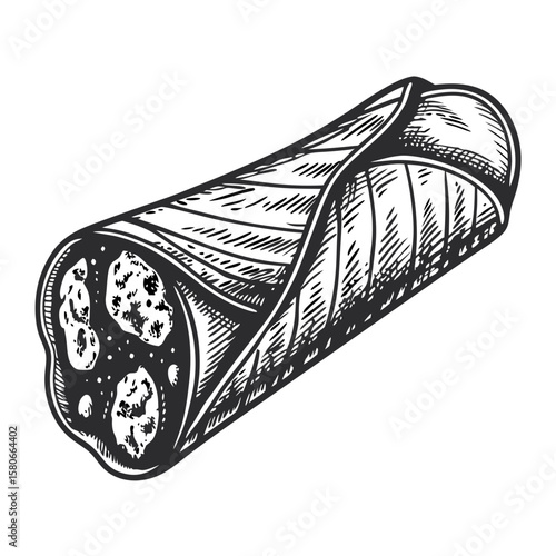 Depiction of cannoli with ricotta cream, traditional italian pastry, shown in engraved drawing style. Cannoli with ricotta cream is an iconic dessert. Artistic drawing of cannoli with ricotta cream,