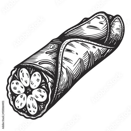 Delicious cannoli with ricotta cream shown in detailed sketch style, with an appetizing cannoli preparation and ingredients visible. Fresh ricotta cream fills cannoli,