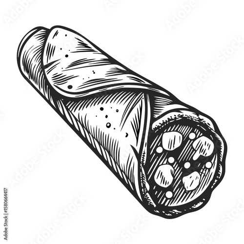 Cannoli with ricotta cream, a traditional Italian pastry, shown in a vintage style illustration. This delicious cannoli with ricotta cream presents appealing food.