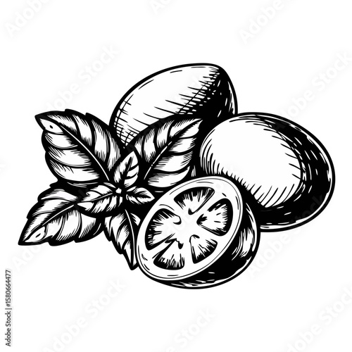 Delicious caprese salad features mozzarella, tomatoes, and basil in an artistic sketch. Caprese salad boasts fresh ingredients, including ripe tomatoes, creamy mozzarella, and aromatic basil leaves.