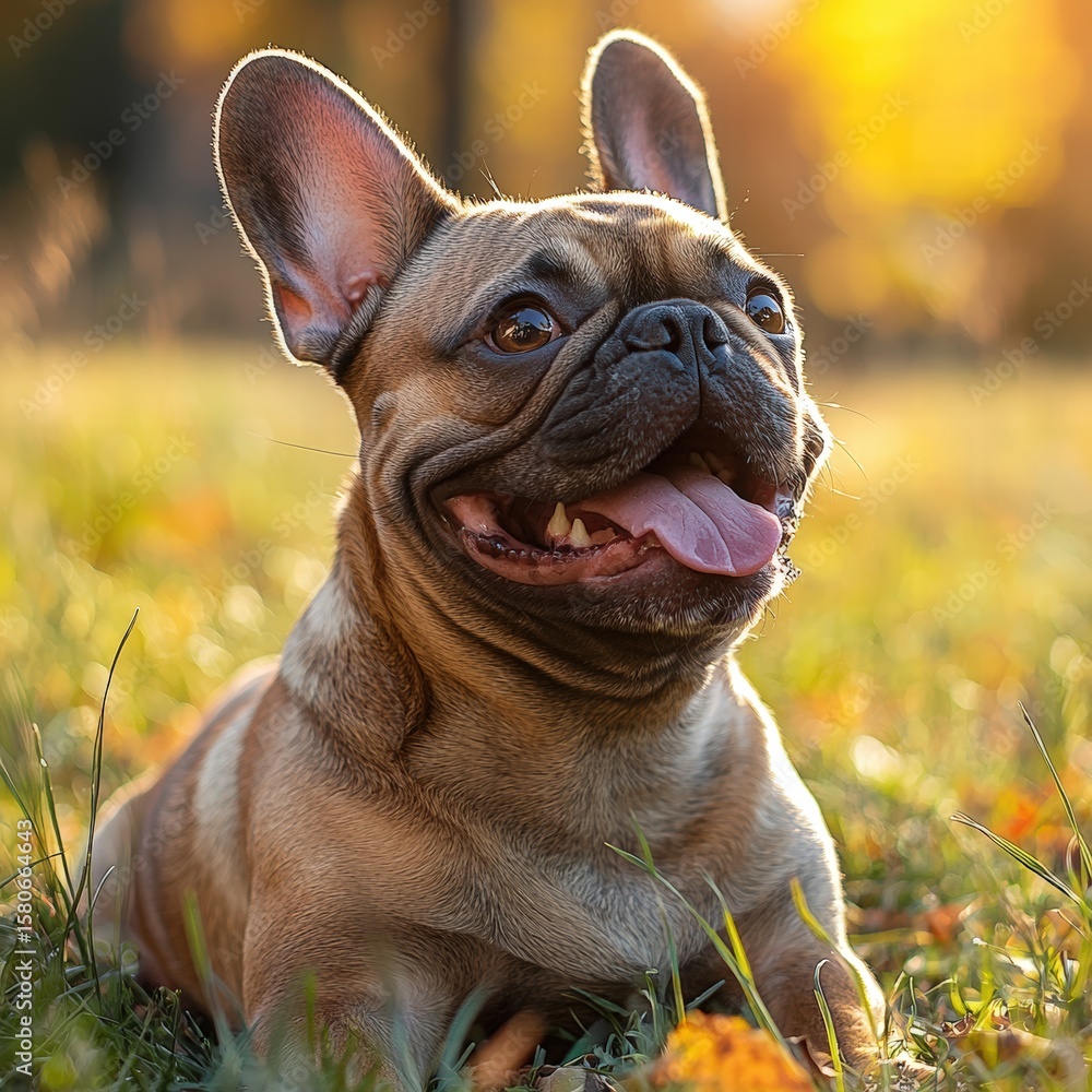 Fototapeta premium Adorable French Bulldog lying on grass in a park du autumn with golden sunlight highlighting its facial features and a joyful expression on its face