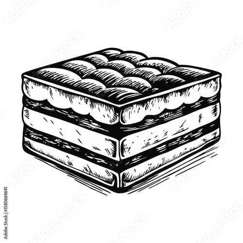Classic tiramisu slice in monochrome drawing style, showcasing traditional Italian dessert. Classic tiramisu slice includes layers of ladyfingers dipped in coffee,