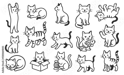 Cat doodle icon set. Cute hand drawn sketch illustrations of sitting, sleeping, playful, striped and funny cats. Black and white cartoon art for pet themes. Vintage marker drawing collection.
