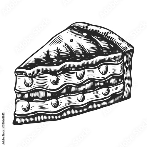 Hand-drawn eggplant parmigiana slice illustration with cheese and layers of grilled eggplant. Preparing this hearty eggplant parmigiana slice involves layering and baking.