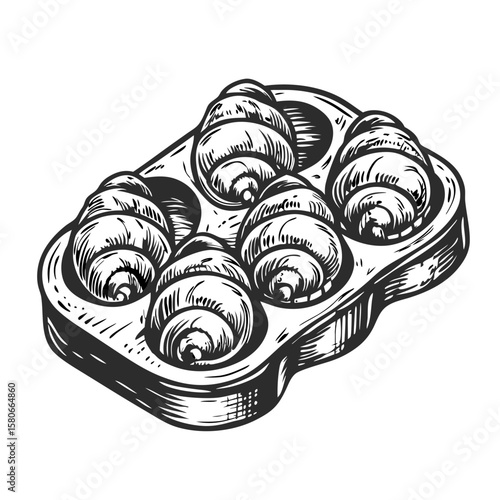 Escargots in special dish, savory snails in classic serving plate with sauce, herbs and spices. Culinary escargots in special dish concept for restaurant menu, gourmet cooking blog,