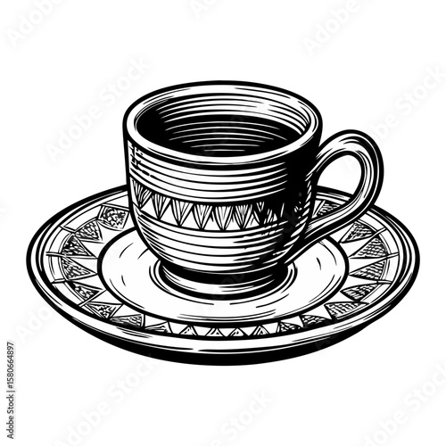 Espresso cup and saucer with decorative pattern, perfect for a morning pick-me-up. Espresso cup and saucer is depicted in a detailed hand-drawn style, with intricate patterns.