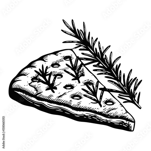 Focaccia bread with rosemary, Italian baked flatbread, alongside fresh aromatic herb sprigs. Focaccia bread with rosemary on white backdrop provides a rustic visual,