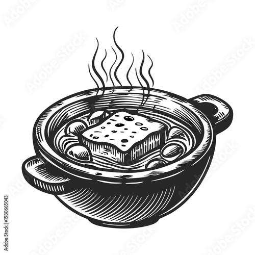Preparing french onion soup in a bowl with crouton, steaming and delicious. French onion soup includes traditional crouton topping for added flavor and texture.