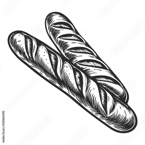 Freshly baked baguette illustration with traditional crusty bread, handcrafted and ready to eat. Freshly baked baguette showcases artisan baking,
