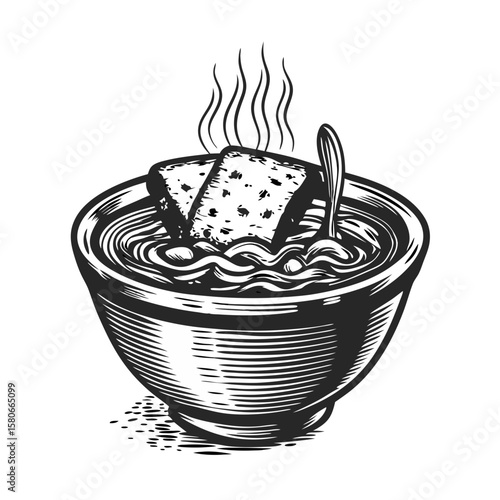 Classic french onion soup in a bowl with croutons in vintage etching style. Delicious french onion soup with a spoon, served in bowl with a crusty baked crouton, exudes comforting warmth and flavor.