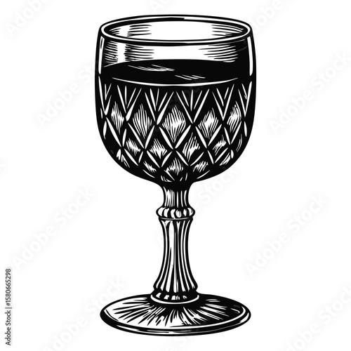 Elegant glass of red wine in detailed vintage engraving. This sophisticated glass of red wine evokes traditions of fine dining and celebration. For restaurant promotions or sommelier branding,