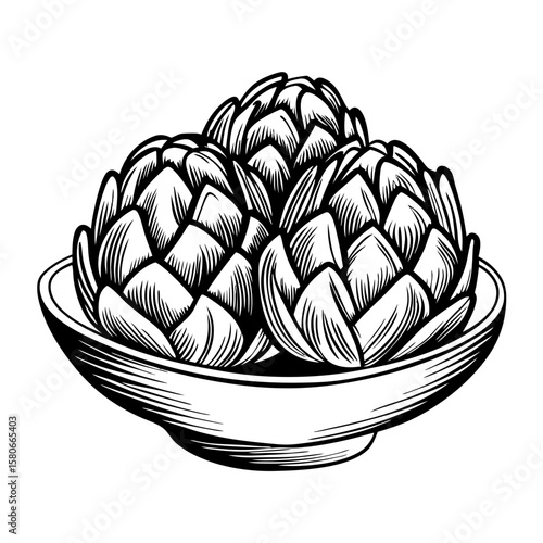 Marinated artichokes in a bowl, delicious ingredient served as appetizer and cooked with herbs. A bowl with marinated artichokes gives food illustration freshness.