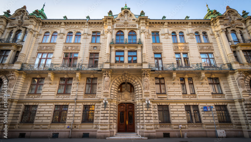 Fototapeta premium Facade of an old historic European building in a city with stone architecture and windows