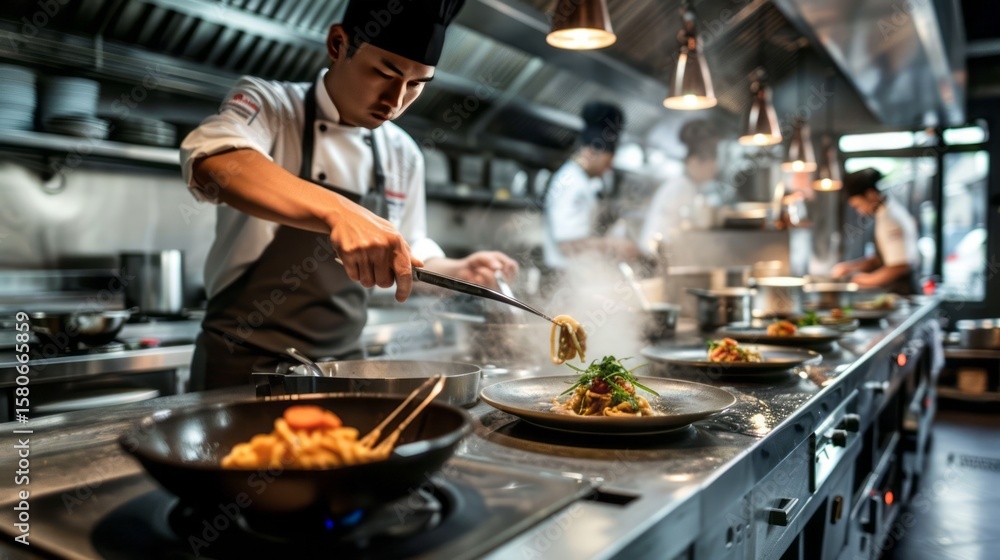 Asian Chef Prepares Gourmet Pasta Dishes in Commercial Kitchen, Plating Food with Culinary Artistry and Professional Cooking Skill for Exquisite Dining Asian Chef Prepares Gourmet Pasta Dishes in Commercial Kitchen, Plating Food with Culinary Artistry and Professional Cooking Skill for Exquisite Dining