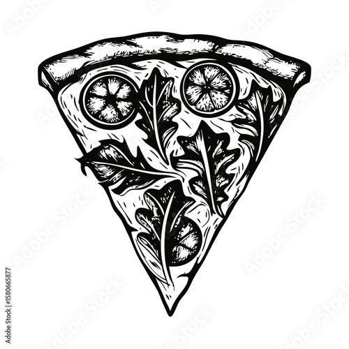 Delicious pizza with prosciutto and arugula on white background, hand drawn sketch. Pizza with prosciutto and arugula includes tasty italian ingredients, pizza slice with meat and rucola.