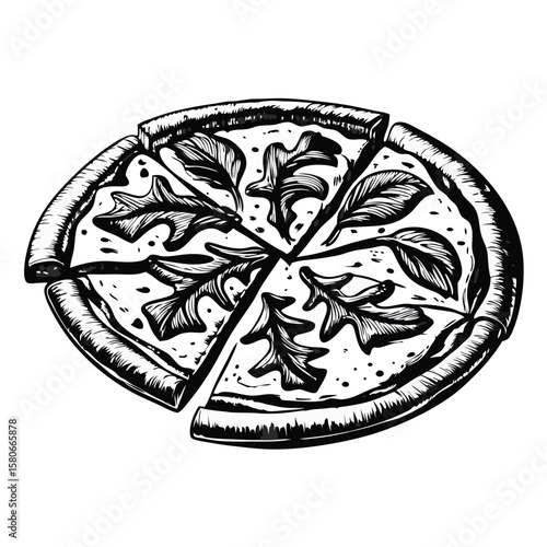 Sliced pizza with prosciutto and arugula toppings presents savory culinary treat, illustrated with monochromatic sketch. Pizza with prosciutto and arugula are arranged neatly,
