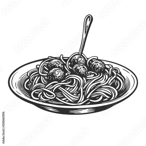 Classic plate of spaghetti with meatballs in monochromatic style, shown with pasta piled high and a spoon.