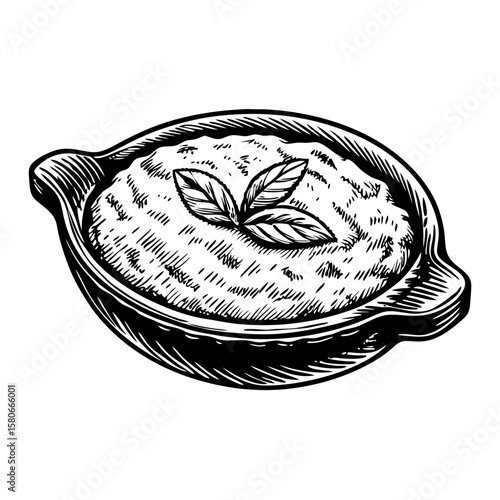 Polenta on wooden plate, showing dish with three basil leaves, adding visual appeal. Polenta adds culinary element to this food presentation, especially with basil garnish and rustic serving dish.