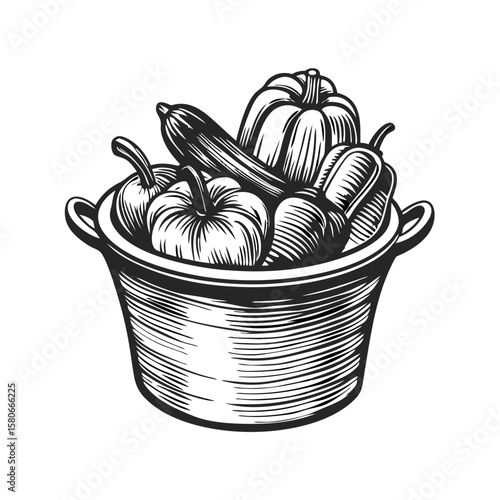 Rustic pot filled with ratatouille ingredients like zucchini and squash in monochromatic etching style. Ratatouille ingredients include colorful summer vegetables ready to be cooked and served in pot.