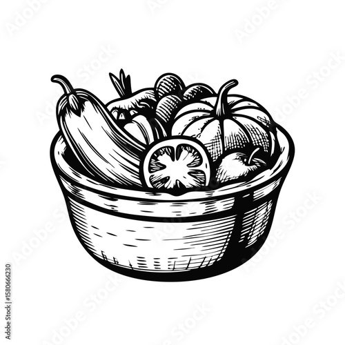 Ratatouille in a rustic pot filled with aubergine, tomatoes, and squash in monochrome line art. Ratatouille is artfully composed,