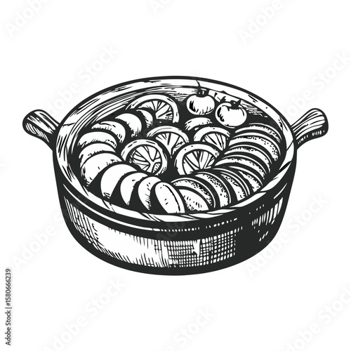 Rustic pot of ratatouille with ripe tomatoes, sliced squash, and savory vegetables. Fresh ratatouille ingredients are visible in pot: eggplant, zucchini, bell peppers, and herbs.