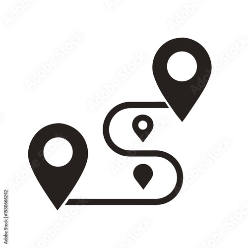 Route location icon with two map pins and road path — start and end journey symbol, black vector on white background