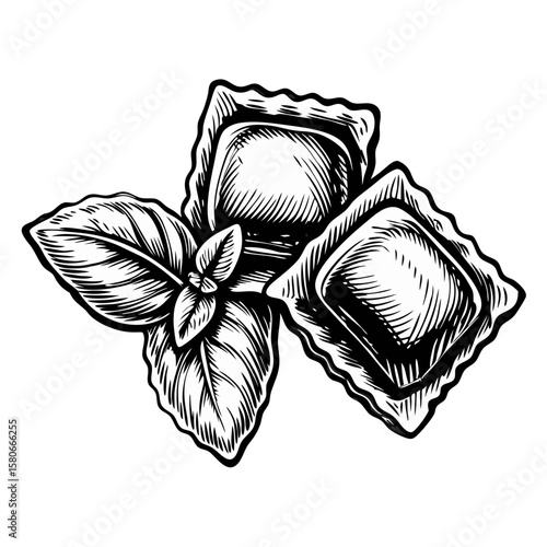 Ravioli with basil leaf presented in an illustration, perfect for restaurant menu designs. Authentic ravioli with basil leaf includes detailed lines and shading, offering a classic look.