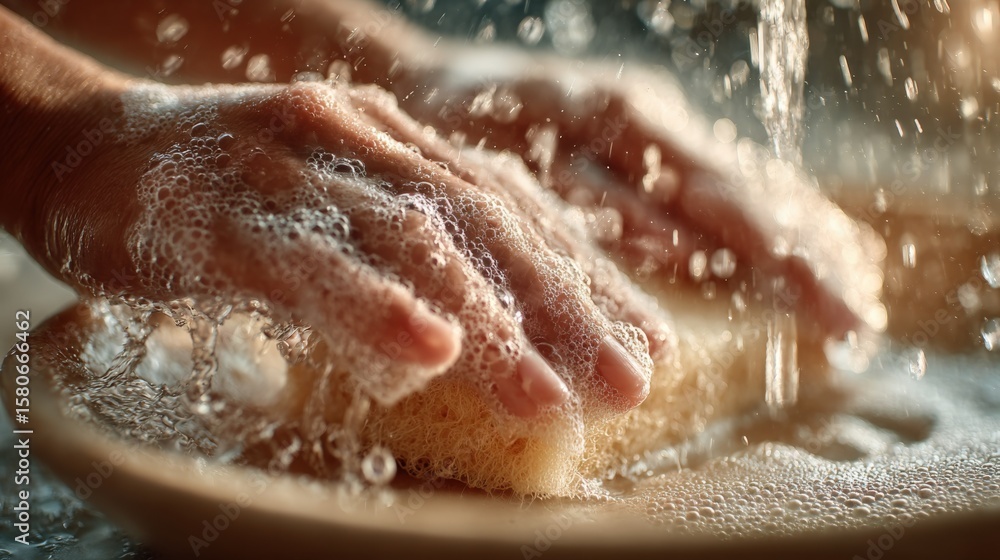 Fototapeta premium Close-up of Hands Washing with Soap and Water to Cleanse Skin and Remove Dirt and Germs for Personal Hygiene and Clean Living