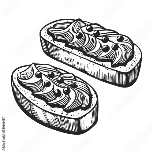 Two tasty tartines with pâté illustrated in black and white, creating appealing food imagery. Tartines with pâté are elegantly displayed, showing bread slices topped with creamy pâté and garnish.