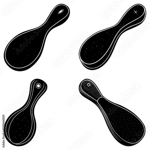 Four stylized black and white illustrations of handheld foot scrubbers with hanging holes shown
