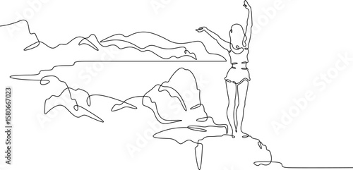 Continuous one line drawing  girl stands waving on a big rock on the seashore. Woman in short shorts on the seashore. Rocks and mountain by the sea. One continuous line isolated minimal illustration