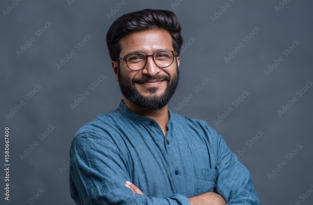 Obraz premium Friendly confident young man with glasses smiling crossing arms wea casual blue shirt standing against plain gray background