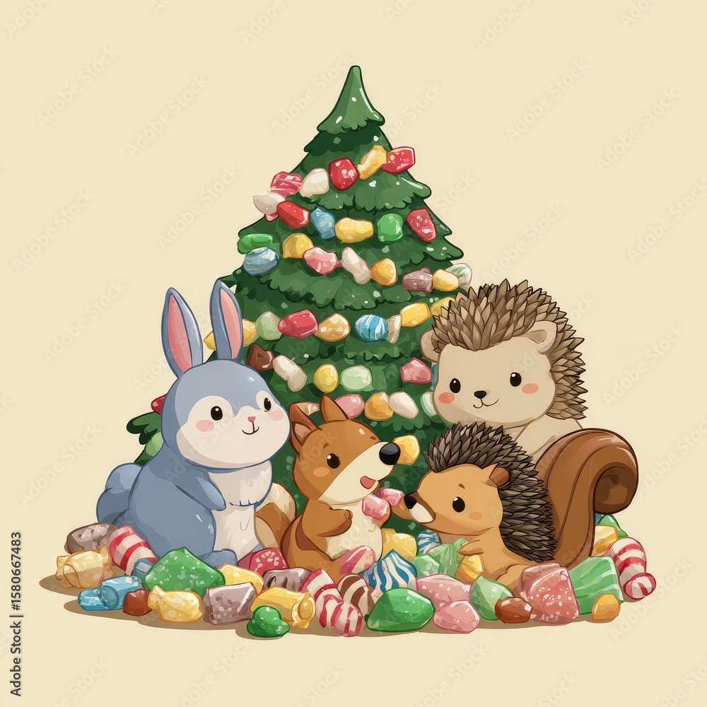 Obraz premium Cartoon-chibi woodland animals (rabbit, squirrel, hedgehog) around a colorful candy Christmas tree, fun style